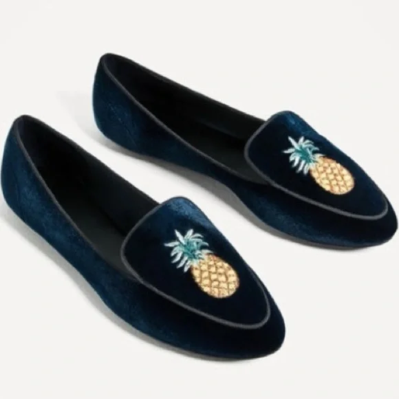 Zara Blue velvet pineapple smoking shoes loafers in size 37 - Picture 2 of 7